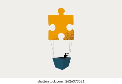 Businessman flying on jigsaw piece balloon looking through telescope, finding business partner concept, minimal business design.
