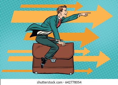 businessman flying on a leather business briefcase. Leadership and attack. Pop art retro vector illustration drawing