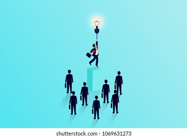 Empresario volando sobre una bombilla, concepto de liderazgo. Idea creativa. crecimiento exitoso de las empresas. ilustración vectorial