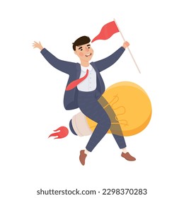 Businessman flying on light bulb. Business success, creative idea, innovation, start up concept cartoon vector illustration