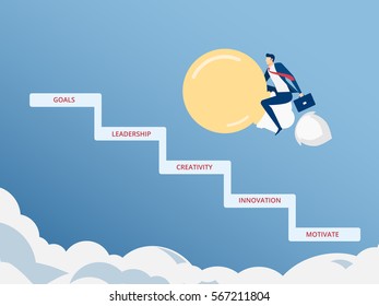 Businessman flying on lightbulb idea rocket. Flying to success concept. Stair step to success concept. Cartoon Vector Illustration.