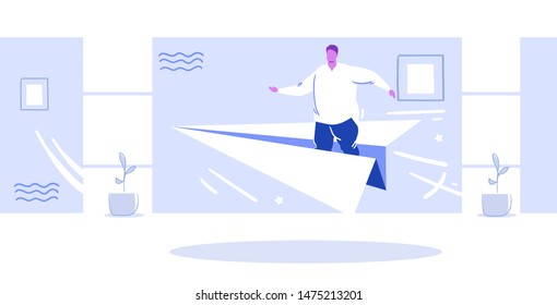 businessman flying on paper airplane web surfing or new project successful startup launch concept sketch doodle horizontal full length vector illustration