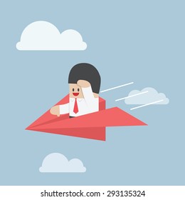 Businessman is flying on paper airplane and looking forward, VECTOR, EPS10