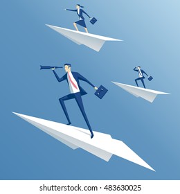 businessman flying on a paper airplane and looking through a telescope, business people flying on paper planes