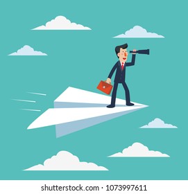 Businessman flying on paper plane and looking in spyglass. Young man searching for new opportunity