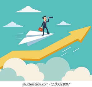 Businessman flying on paper plane over  growing graph arrow and looking in spyglass. Young man searching for new opportunity
