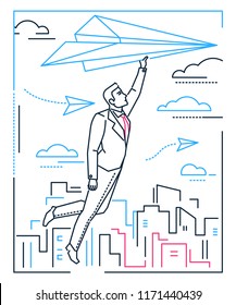 Businessman flying on a paper plane - line design style illustration on white background with silhouettes of clouds, city buildings. A young person dreaming, planning future, going towards the target