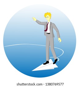 Businessman flying on paper plane. Moving ahead, progress, traveling concept. Vector illustration in flat style