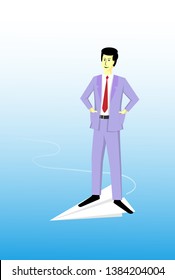 Businessman flying on paper plane. Freelancer and job seeker. Career success and achievement concept. Idea of ease, tranquility, start up and personal growth. Vector illustration in flat cartoon style