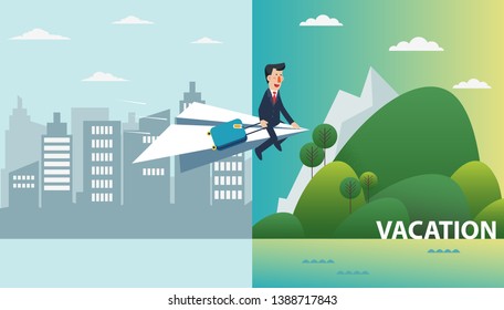 Businessman flying on a paper plane towards an island for vacation. Business people vacation concept. Holidays time, recreation and travel vector design