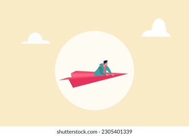 Businessman flying on paper plane. concept of leadership, power, strength, motivation, ambition and success