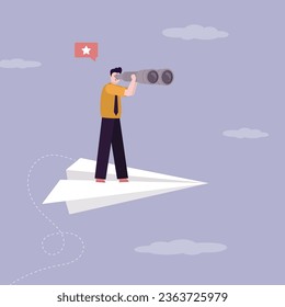 Businessman flying on paper plane. Confident leader uses binoculars and looking right direction for business development. Right business strategy, look at future career success, way to achieve goals.