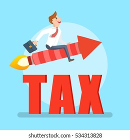 Businessman flying on a rocket avoiding tax. Happy worker sitting on a red rocket with a suitcase