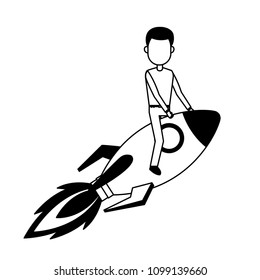 Businessman flying on rocket in black and white