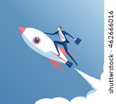 businessman flying on a rocket on blue sky background, business concept startup