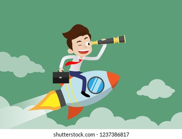 Businessman flying on rocket and holding spyglass looking for success, Cartoon vector illustration