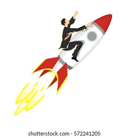 Businessman flying on the rocket. Isolated charachter with red and white jet rocket. Successful development of business.
