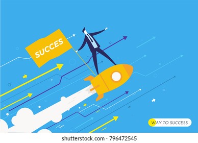 businessman is flying on a rocket looking to the future.