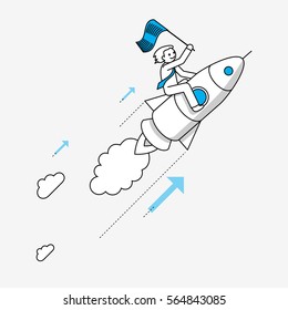 Businessman flying on rocket. Modern illustration in linear style infographics.