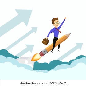 Businessman flying on a rocket up in the sky. Success in business and development. Vector illustration.