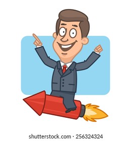 Businessman flying on rocket and smiling