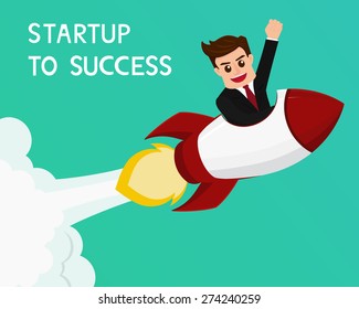 Businessman flying on a rocket start up to success , Vector Illustration