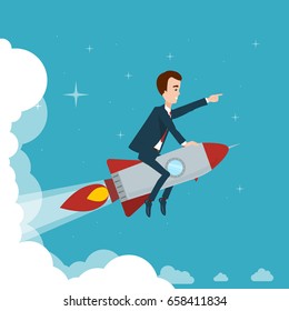 Businessman is flying on a rocket through the clouds against the background of the star sky