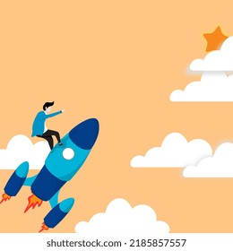 businessman flying on a rocket towards the stars on the twilight sky background, startup business concept