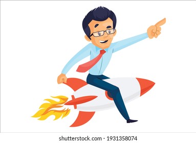 Businessman is flying on the rocket. Vector graphic illustration. Individually on a white background.