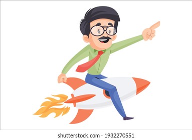 Businessman is flying on the rocket. Vector graphic illustration. Individually on a white background.