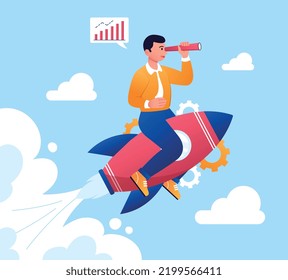 Businessman flying on rocket. Young guy looks into telescope, metaphor for goal setting, leadership and motivation. Successful entrepreneur launches startup. Cartoon flat vector illustration