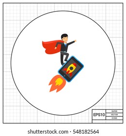 Businessman flying on smartphone as rocket