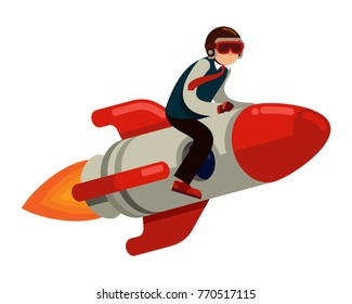 businessman flying on startup rocket flat style vector illustration