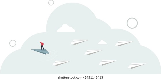 businessman flying origami airplane change direction.flat vector illustration.