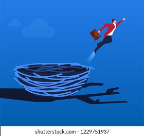 Businessman flying out of the nest