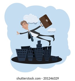 Businessman Flying Over The City. Dreams Of A Beautiful Future.