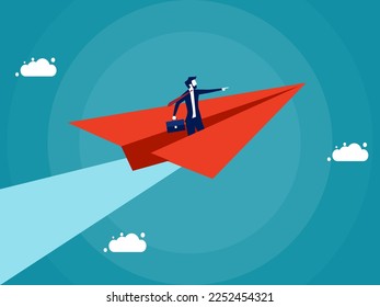 Businessman flying in a paper plane flying forward. progressive and ambitious