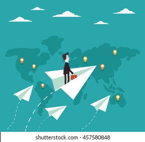 Businessman flying with paper plane over world map