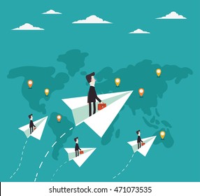 Businessman flying with paper plane over world map