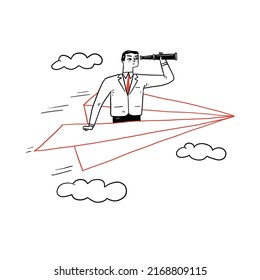 Businessman flying with paper plane using telescope. 
Hand drawn vector illustrations.