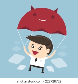 Businessman is flying with parachute, flat design, vector