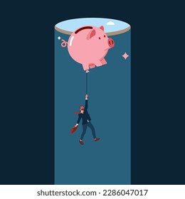 Businessman flying with piggy bank. Modern vector illustration in flat style