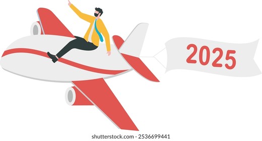 Hombre de negocios que vuela un avión. Concepto del año Nuevo 2015

