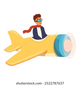 Businessman is flying a plane while wearing pilot goggles and a scarf