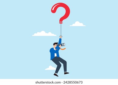 Businessman flying with question mark balloon and holding telescope search for answer