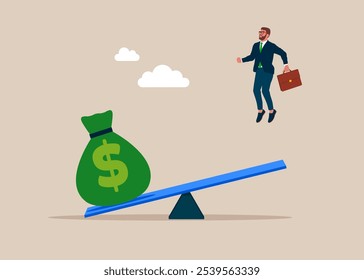 Hombre de negocios volando recibiendo fondos para iniciar una nueva empresa. Bolsa de dinero grande de dólar cae en el balancín. Ilustración vectorial plana