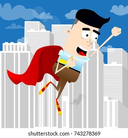Businessman flying up with red cape as a superhero. Start up business concept. Vector cartoon character illustration.