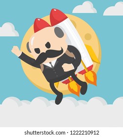 Businessman flying with a rocket