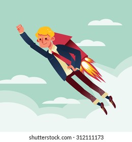 businessman flying with rocket backpack cartoon illustration