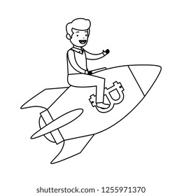 businessman flying in rocket with bitcoin symbol